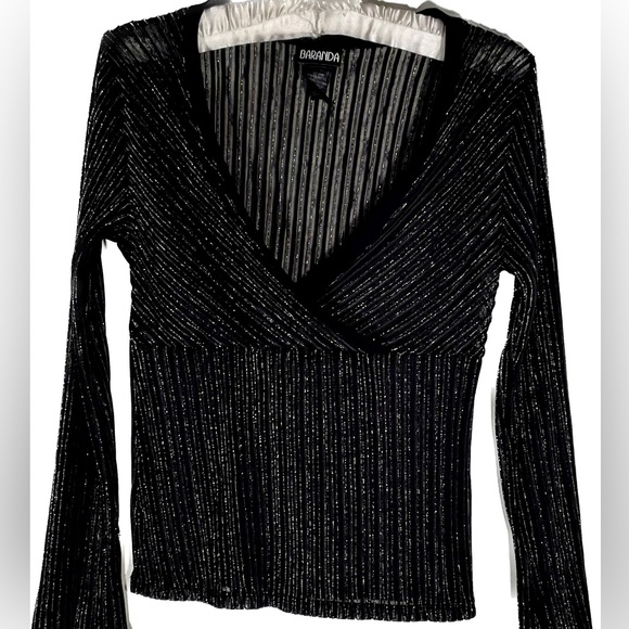 Baranda Black and Silver Faux Wrap Dress Shirt. Long Sleeve Stretchy. Size XL - Picture 3 of 12